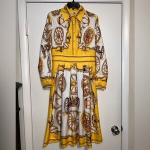 Xingchen Kaiyi Yellow Foulard Printed Majolica Lapel Neck Dress Sz L